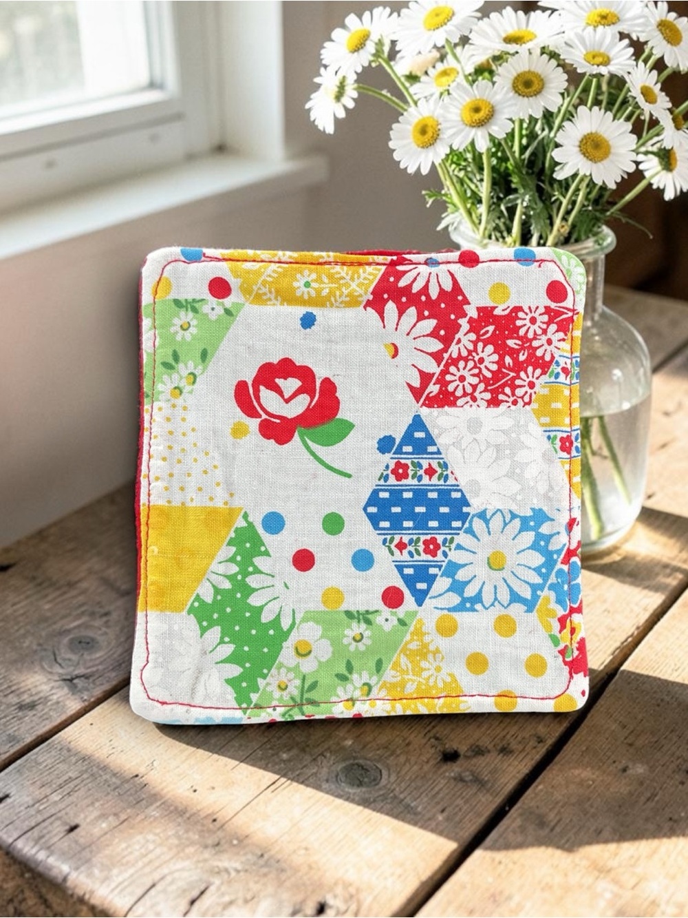 Patchwork Daisy Coaster Set - Multicolor Vintage Fabric